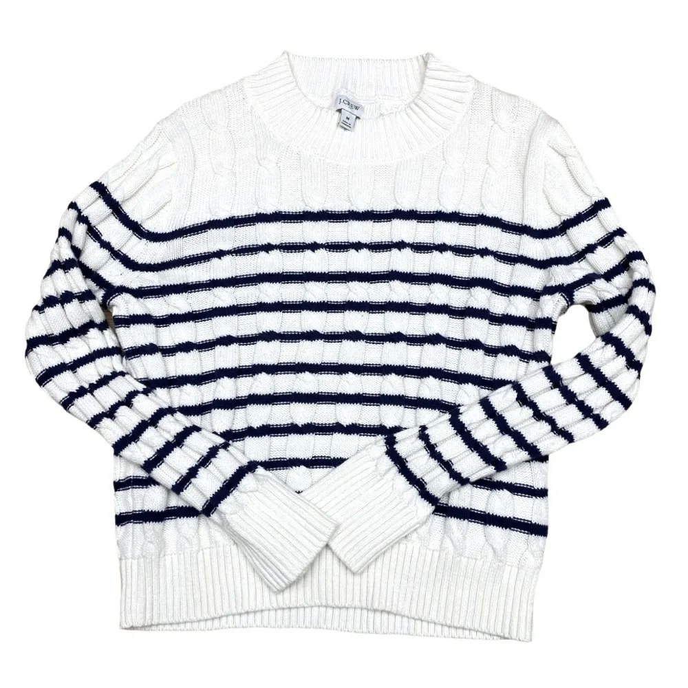 J.Crew  Women’s cable mockneck sweater Off white With Navy Stripes Size M